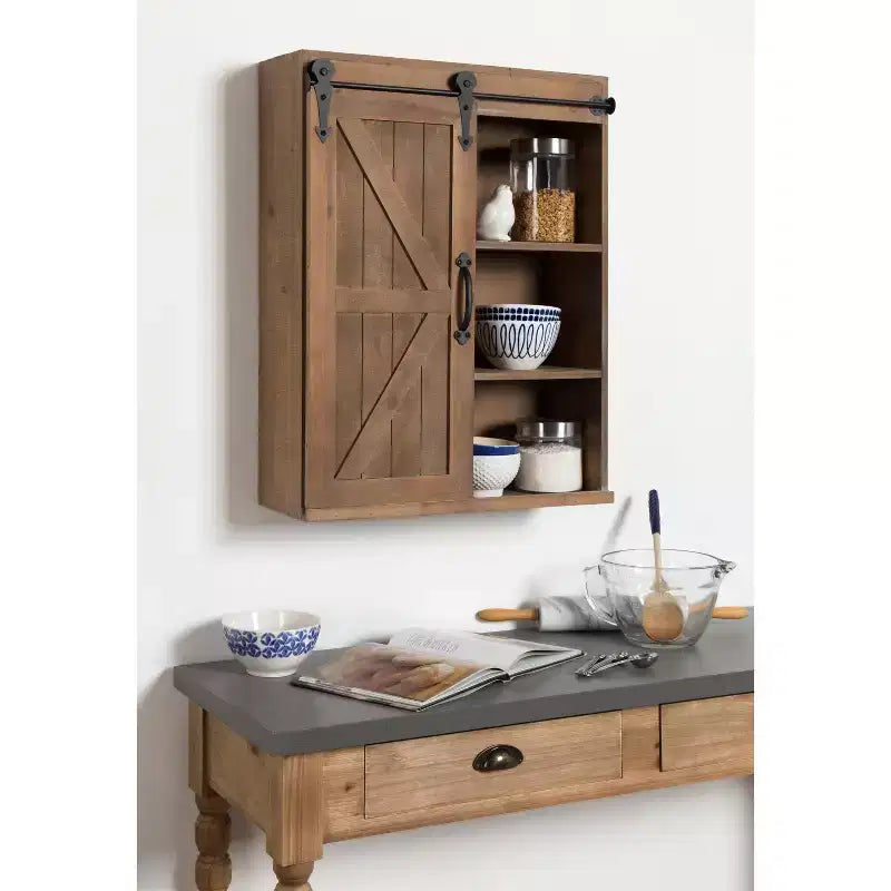 Armoire murale décorative avec porte coulissante type grange, brun rustique