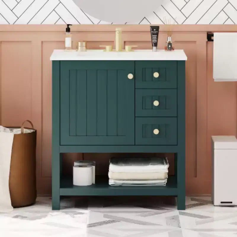 30 inch transitional style bathroom storage cabinet combination with ceramic sink and dressing table