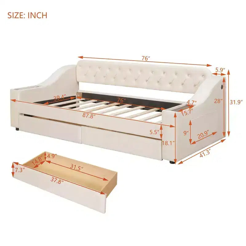 Lit de repos avec accoudoirs de rangement rembourrés et port USB - Élégant et pratique