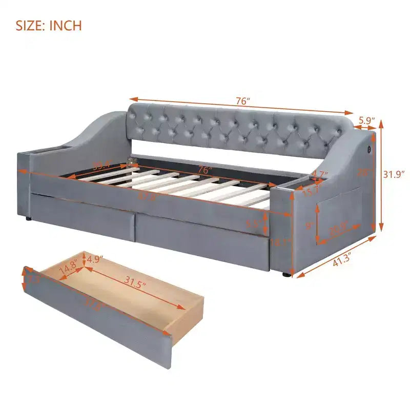 Lit de repos avec accoudoirs de rangement rembourrés et port USB - Élégant et pratique