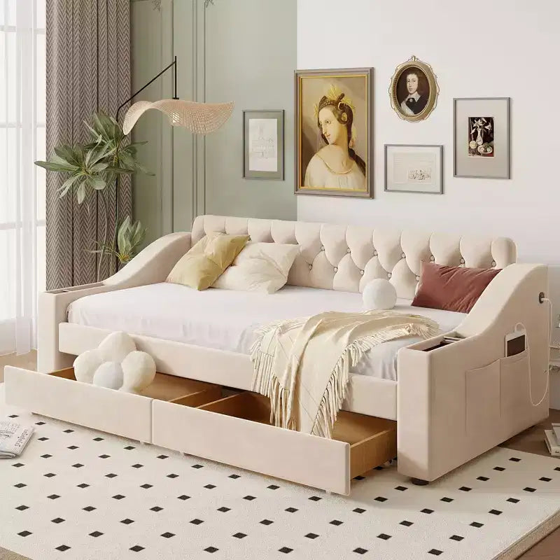 Lit de repos avec accoudoirs de rangement rembourrés et port USB - Élégant et pratique