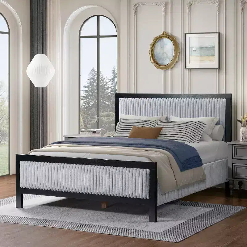 Queen/King Size Upholstered Platform Bed Frame with Fluffy Soft Headboard, Grey+Black-ModernLuxe