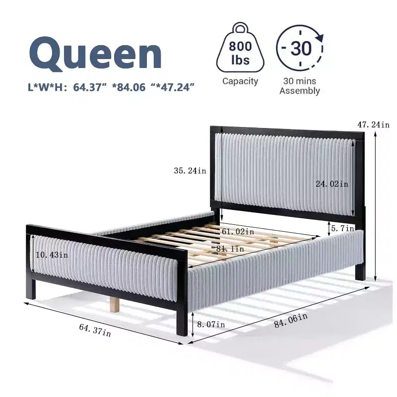 Cadre de lit plateforme rembourré Queen/King avec tête de lit moelleuse et douce, gris et noir