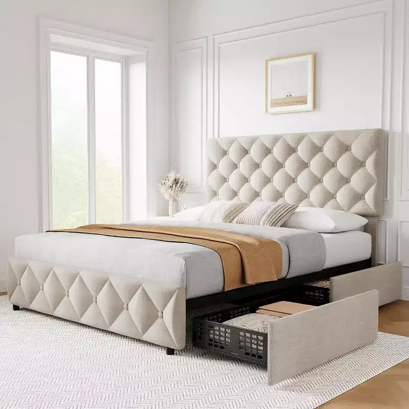 Queen Size Bed Frame, Linen Upholstered Platform Bed, with 4 Storage Drawers and Adjustable Headboard, Modern Bed Frame, Beige