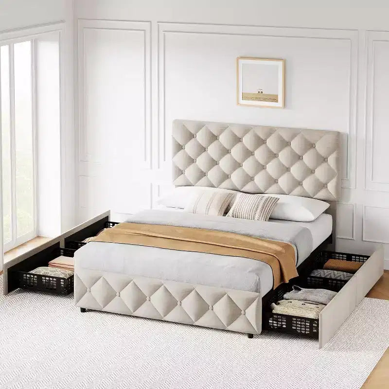 Cadre de lit Queen Size, plateforme de lit rembourrée en lin, avec 4 tiroirs de rangement et tête de lit réglable, cadre de lit moderne, beige