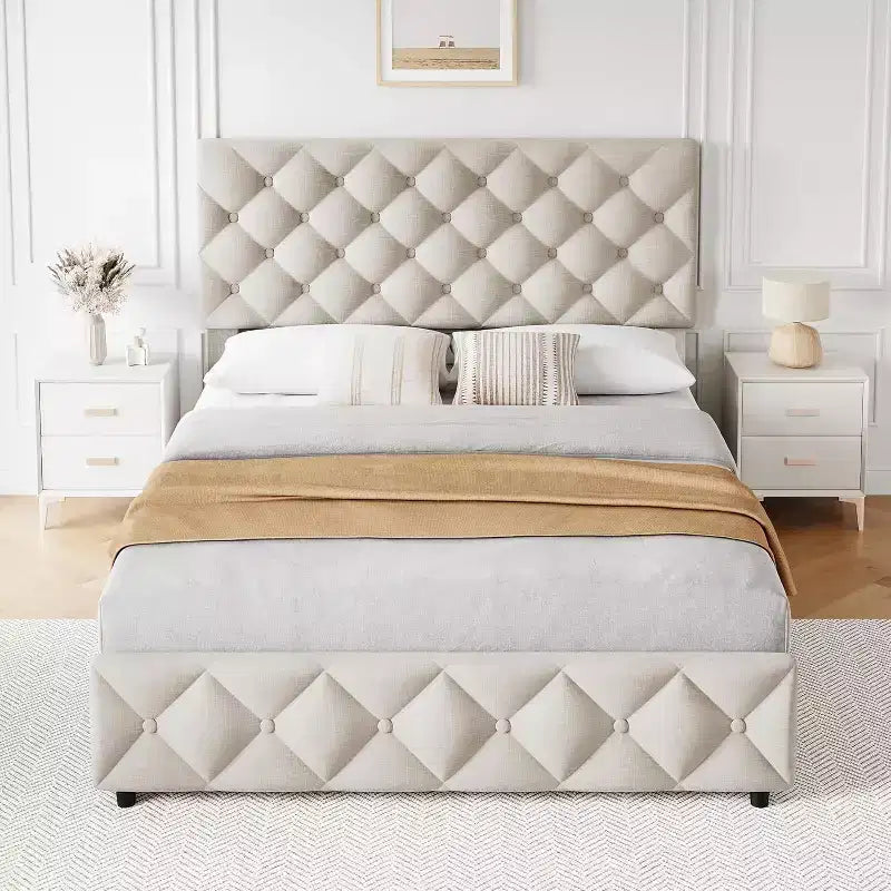 Cadre de lit Queen Size, plateforme de lit rembourrée en lin, avec 4 tiroirs de rangement et tête de lit réglable, cadre de lit moderne, beige