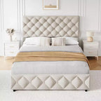 Cadre de lit Queen Size, plateforme de lit rembourrée en lin, avec 4 tiroirs de rangement et tête de lit réglable, cadre de lit moderne, beige