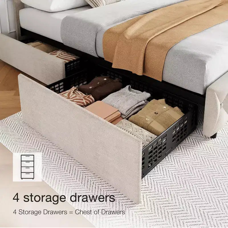 Cadre de lit Queen Size, plateforme de lit rembourrée en lin, avec 4 tiroirs de rangement et tête de lit réglable, cadre de lit moderne, beige