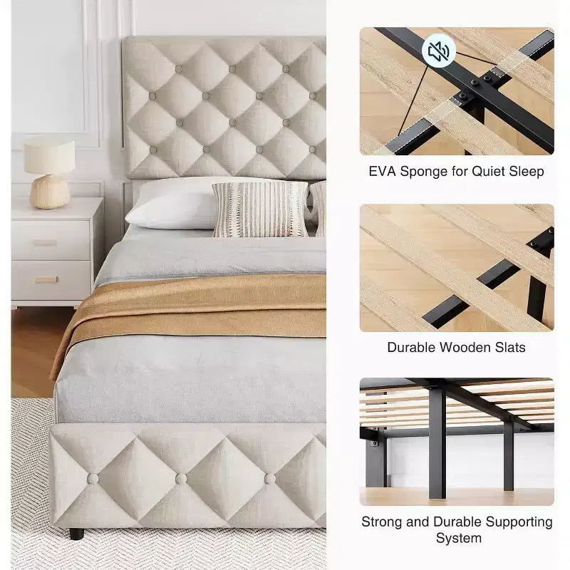 Cadre de lit Queen Size, plateforme de lit rembourrée en lin, avec 4 tiroirs de rangement et tête de lit réglable, cadre de lit moderne, beige
