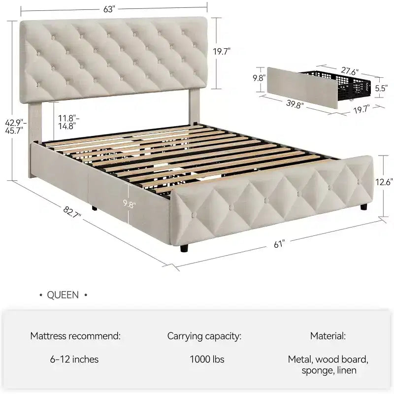 Cadre de lit Queen Size, plateforme de lit rembourrée en lin, avec 4 tiroirs de rangement et tête de lit réglable, cadre de lit moderne, beige