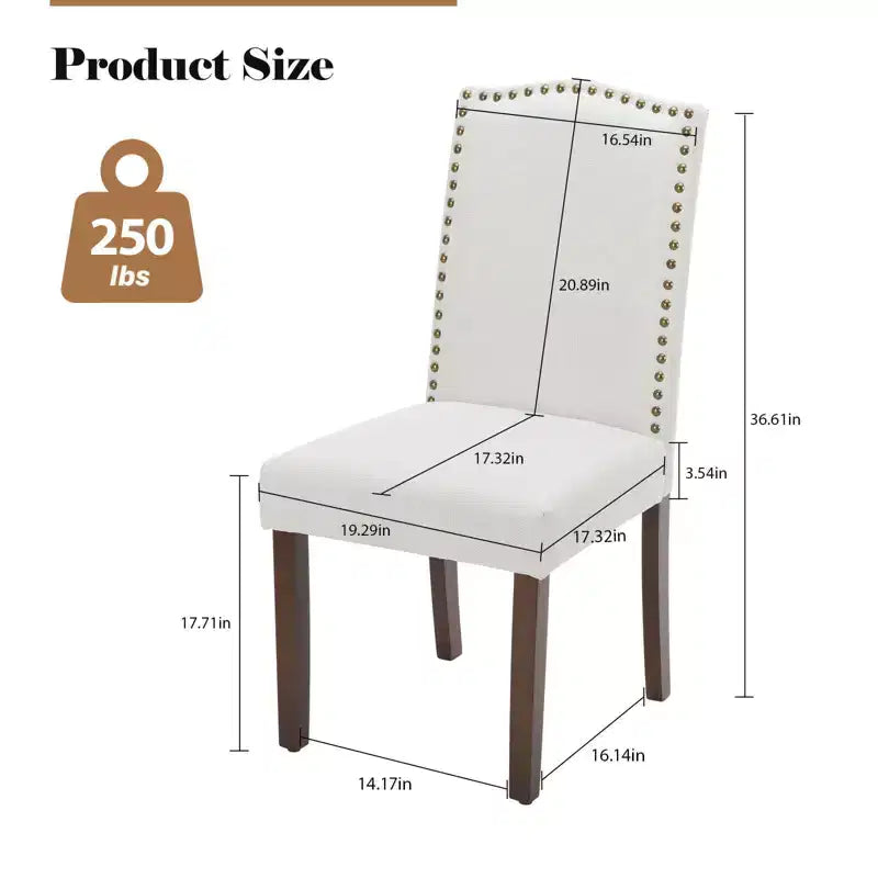 Lot de 2 chaises de salle à manger modernes sans accoudoirs, en tissu rembourré, avec clous décoratifs et pieds en bois