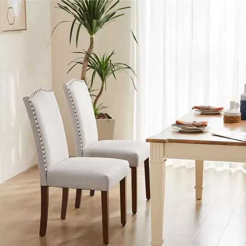 Lot de 2 chaises de salle à manger modernes sans accoudoirs, en tissu rembourré, avec clous décoratifs et pieds en bois
