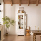 Freestanding Glass Display Cabinet with 2 Drawers, LED light & Adjustable Shelves, Upholstered Pantry Bookshelf Storage Cabinet, White - ModernLuxe