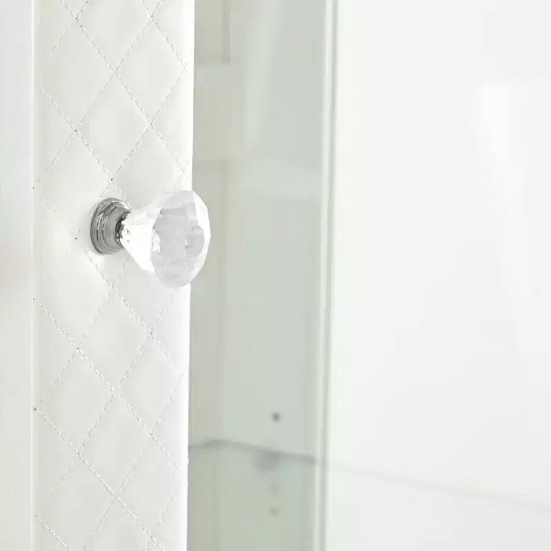 Vitrine en verre autoportante avec 2 tiroirs, éclairage LED et étagères réglables, blanche