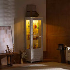 Vitrine en verre autoportante avec 2 tiroirs, éclairage LED et étagères réglables, blanche