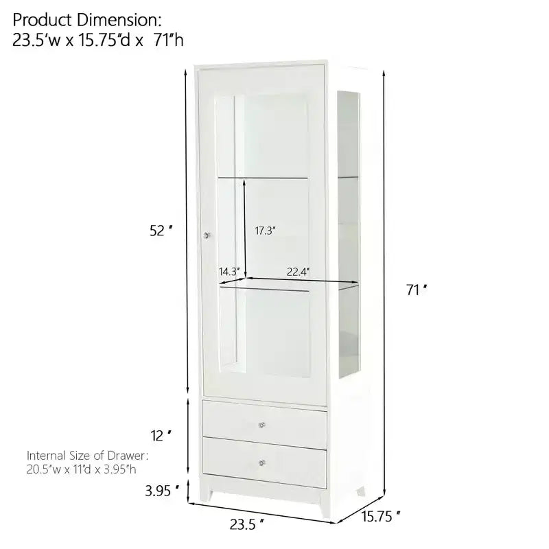 Vitrine en verre autoportante avec 2 tiroirs, éclairage LED et étagères réglables, blanche