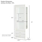 Vitrine en verre autoportante avec 2 tiroirs, éclairage LED et étagères réglables, blanche