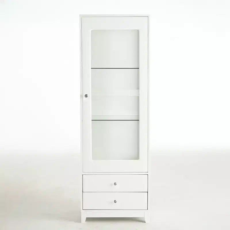 Vitrine en verre autoportante avec 2 tiroirs, éclairage LED et étagères réglables, blanche