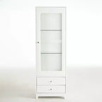 Vitrine en verre autoportante avec 2 tiroirs, éclairage LED et étagères réglables, blanche