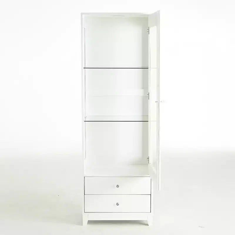 Vitrine en verre autoportante avec 2 tiroirs, éclairage LED et étagères réglables, blanche