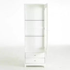 Vitrine en verre autoportante avec 2 tiroirs, éclairage LED et étagères réglables, blanche