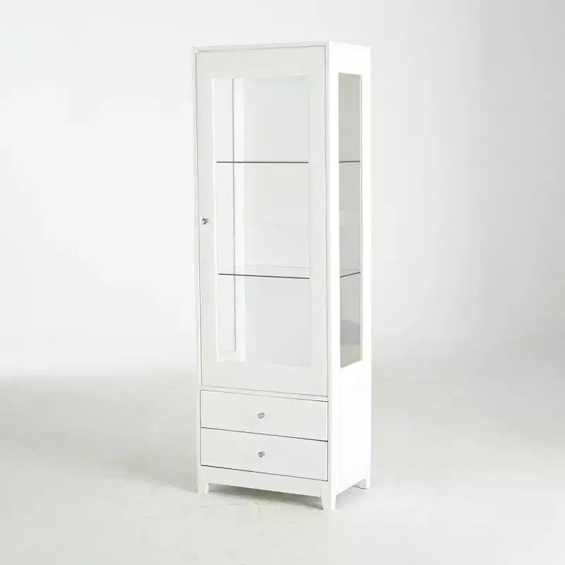 Vitrine en verre autoportante avec 2 tiroirs, éclairage LED et étagères réglables, blanche