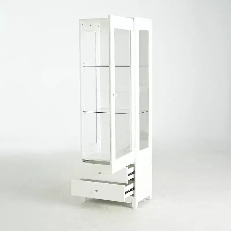 Vitrine en verre autoportante avec 2 tiroirs, éclairage LED et étagères réglables, blanche