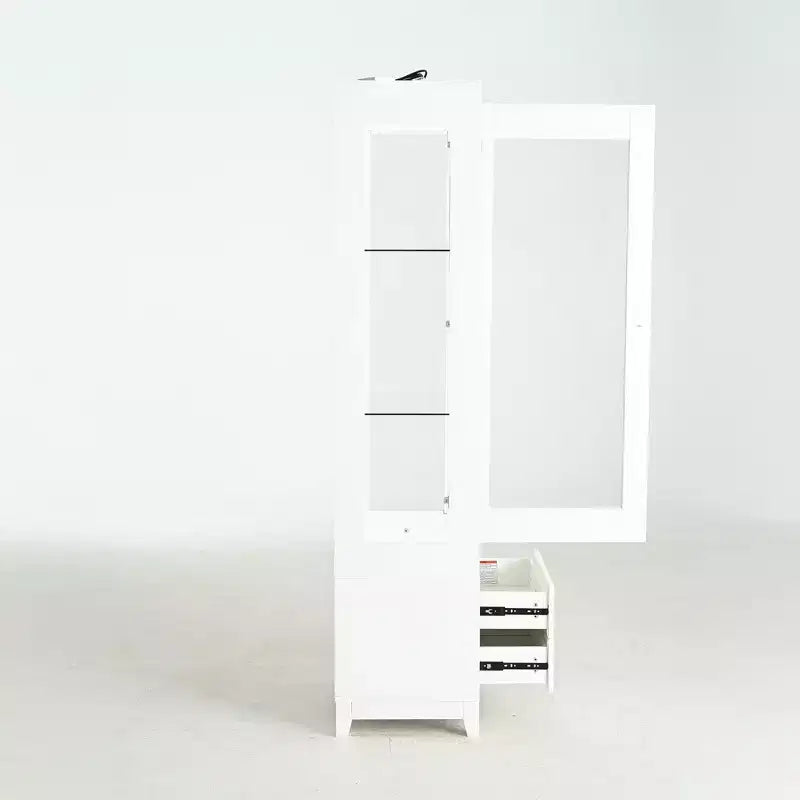 Vitrine en verre autoportante avec 2 tiroirs, éclairage LED et étagères réglables, blanche