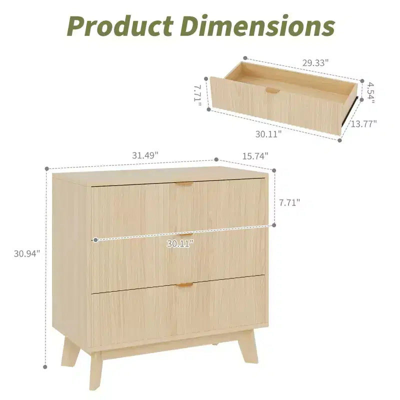 Commode cannelée à 3 tiroirs, commode de chambre moderne en bois avec poignée en métal