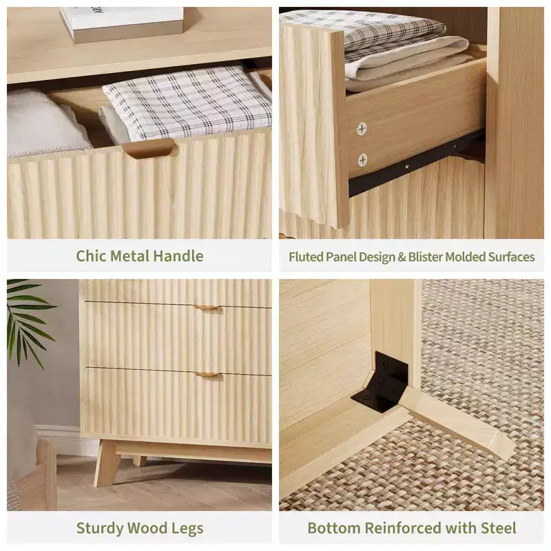 Commode cannelée à 3 tiroirs, commode de chambre moderne en bois avec poignée en métal