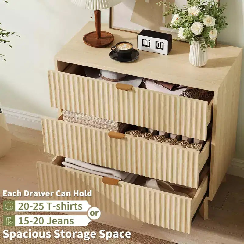 Commode cannelée à 3 tiroirs, commode de chambre moderne en bois avec poignée en métal