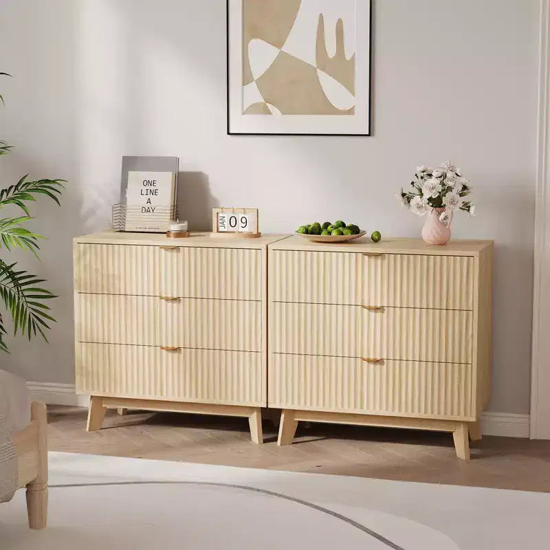 Commode cannelée à 3 tiroirs, commode de chambre moderne en bois avec poignée en métal