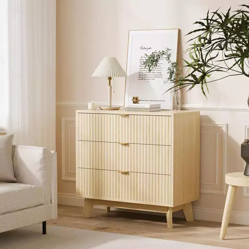 Commode cannelée à 3 tiroirs, commode de chambre moderne en bois avec poignée en métal