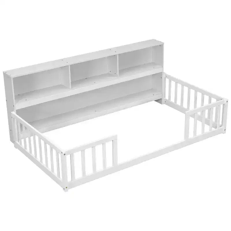 Cadre de lit de repos double/complet avec bibliothèque, étagères et garde-corps, en bois de pin