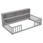 Cadre de lit de repos double/complet avec bibliothèque, étagères et garde-corps, en bois de pin