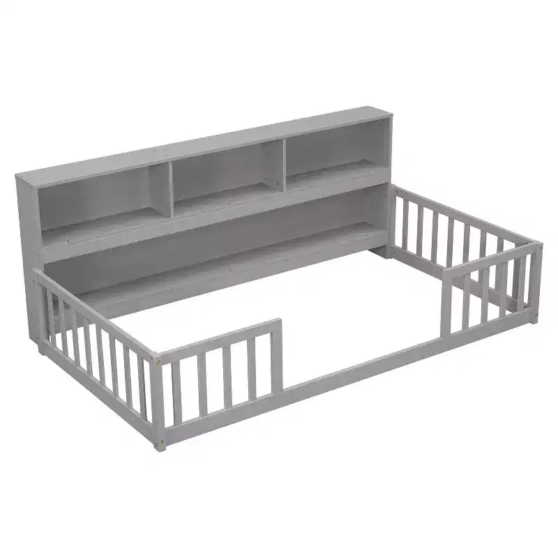 Cadre de lit de repos double/complet avec bibliothèque, étagères et garde-corps, en bois de pin