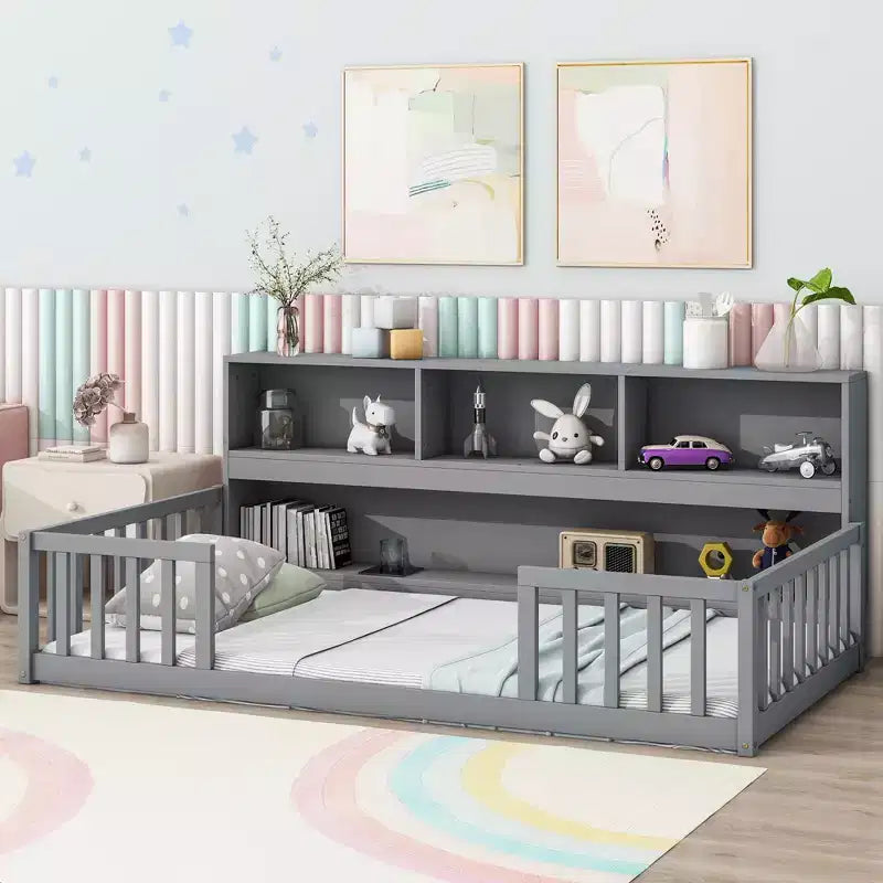 ModernLuxe Twin/Full Daybed Floor Bed Frame with Bedside Bookcase, Shelves & Guardrails, Pine Wood Construction, No Box Spring Needed
