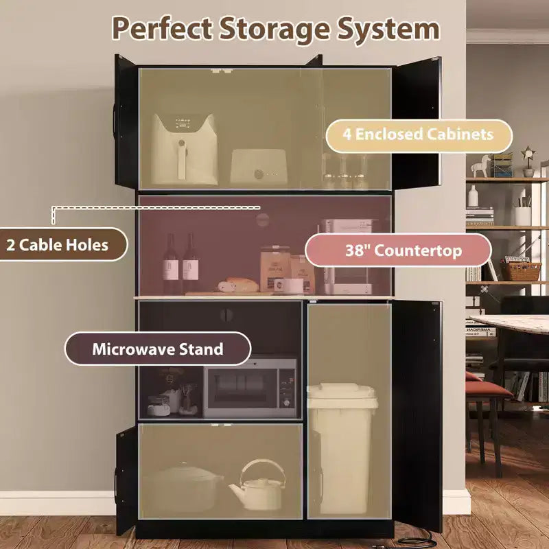Meuble de cuisine de 180 cm de haut avec station de recharge, support micro-ondes et portes, noir/blanc