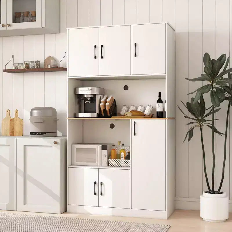 Meuble de cuisine de 180 cm de haut avec station de recharge, support micro-ondes et portes, noir/blanc