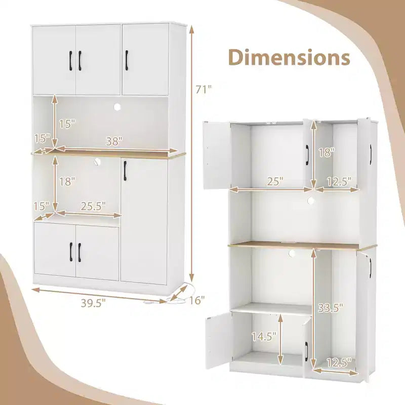 Meuble de cuisine de 180 cm de haut avec station de recharge, support micro-ondes et portes, noir/blanc