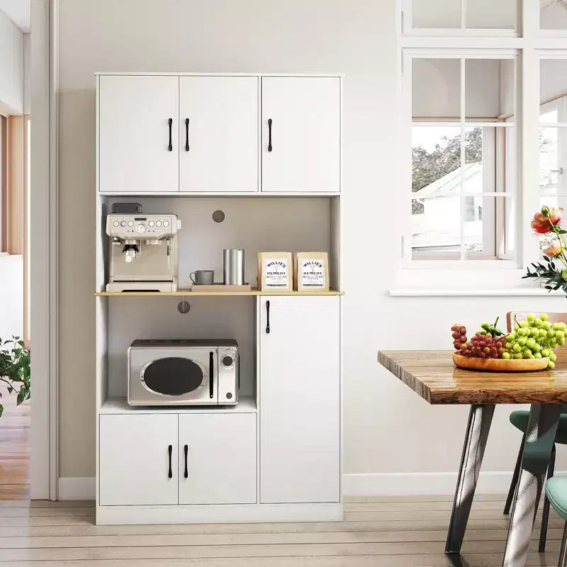Meuble de cuisine de 180 cm de haut avec station de recharge, support micro-ondes et portes, noir/blanc