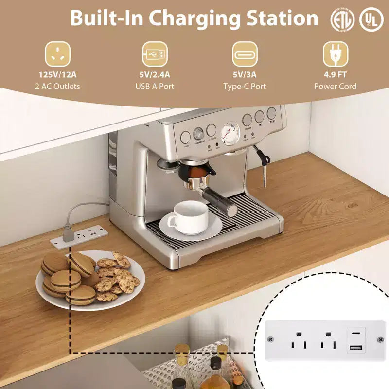 Meuble de cuisine de 180 cm de haut avec station de recharge, support micro-ondes et portes, noir/blanc