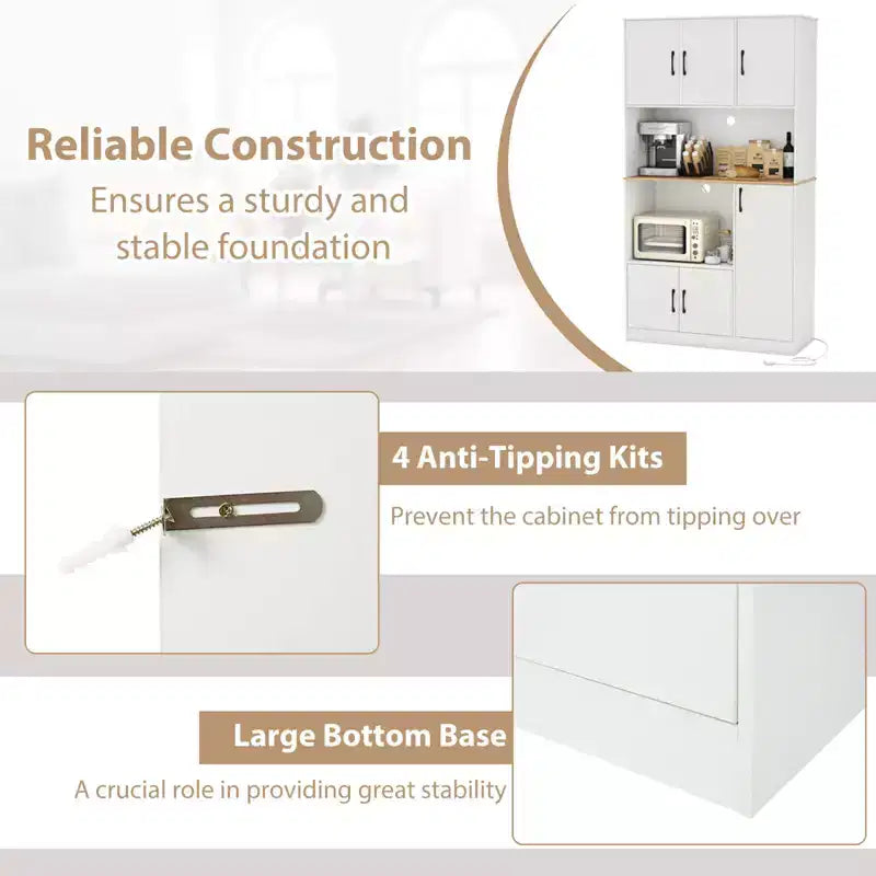 Meuble de cuisine de 180 cm de haut avec station de recharge, support micro-ondes et portes, noir/blanc