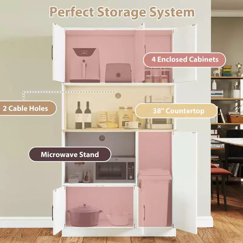 Meuble de cuisine de 180 cm de haut avec station de recharge, support micro-ondes et portes, noir/blanc