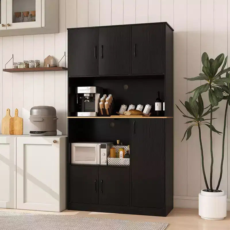 Meuble de cuisine de 180 cm de haut avec station de recharge, support micro-ondes et portes, noir/blanc