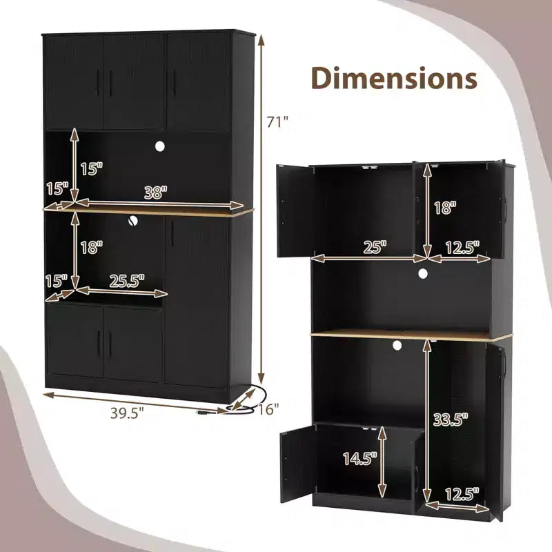 Meuble de cuisine de 180 cm de haut avec station de recharge, support micro-ondes et portes, noir/blanc