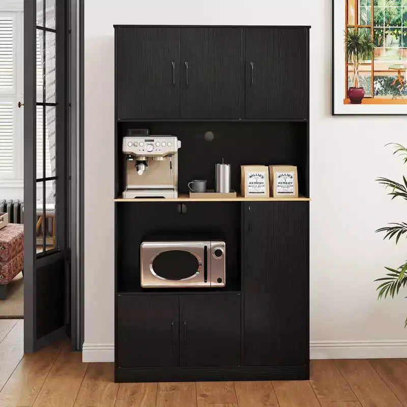 Meuble de cuisine de 180 cm de haut avec station de recharge, support micro-ondes et portes, noir/blanc