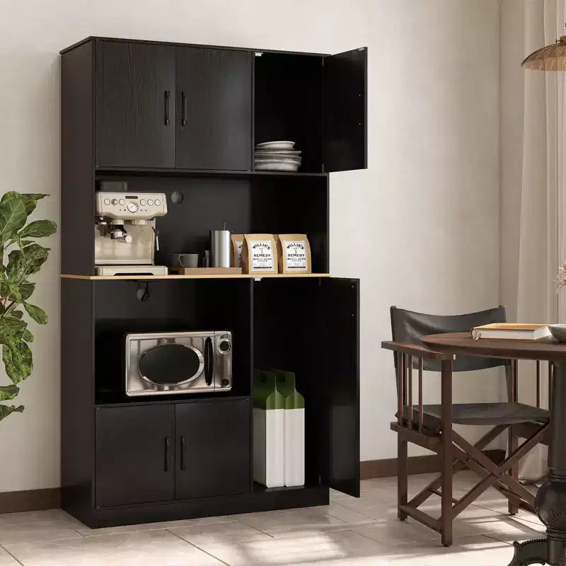 Meuble de cuisine de 180 cm de haut avec station de recharge, support micro-ondes et portes, noir/blanc