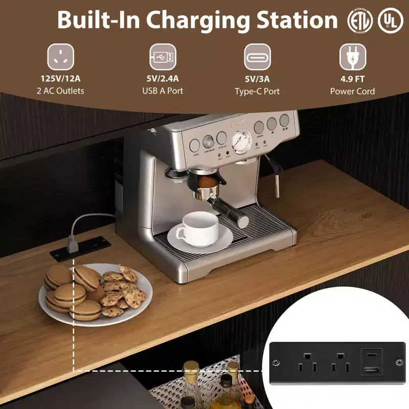 Meuble de cuisine de 180 cm de haut avec station de recharge, support micro-ondes et portes, noir/blanc