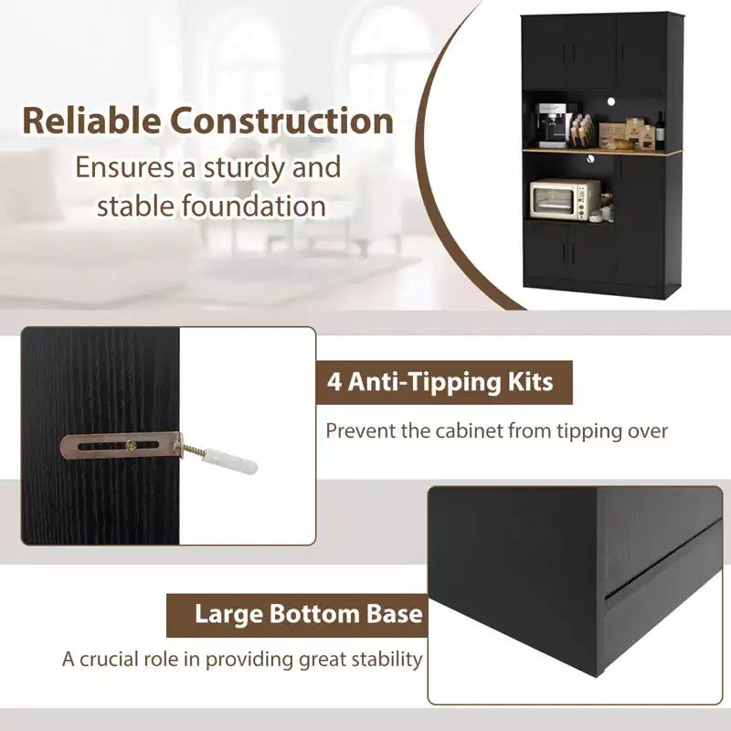 Meuble de cuisine de 180 cm de haut avec station de recharge, support micro-ondes et portes, noir/blanc